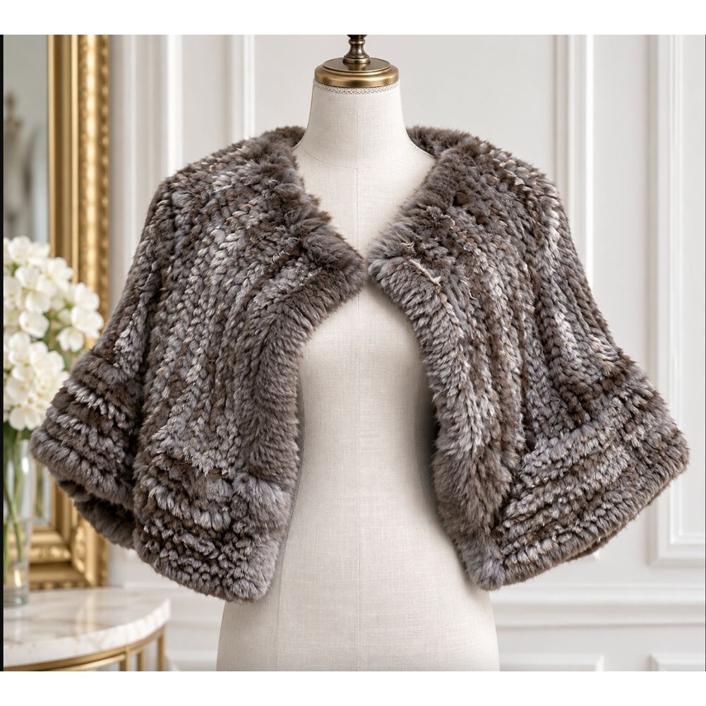 Womens Genuine Rabbit Fur Cape Gray Knit Bolero Shrug Shawl Wrap Luxury Bridal